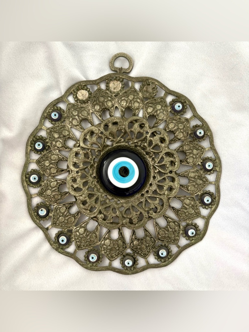 Vintage silver evil eye wall hanging home decor blue protection art boho indie
